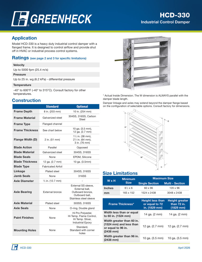 Greenheck hcd-330 cut sheet — first page
