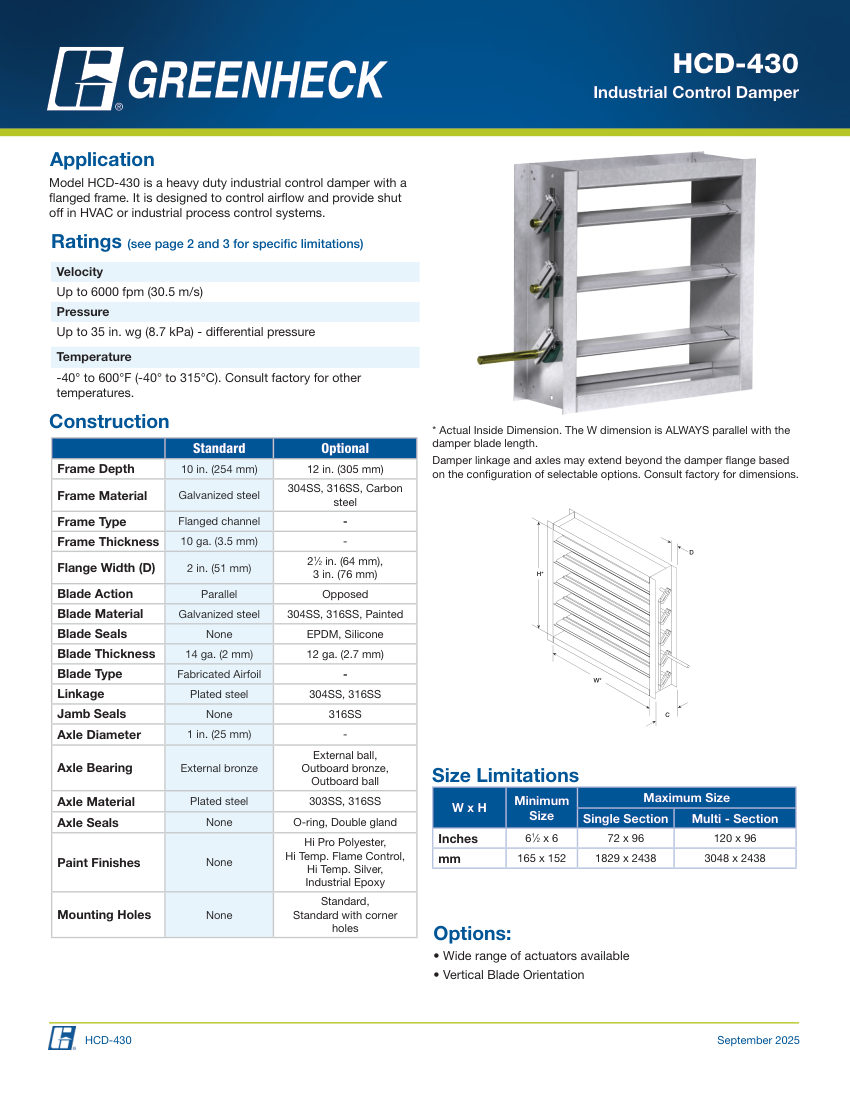Greenheck hcd-430 cut sheet — first page