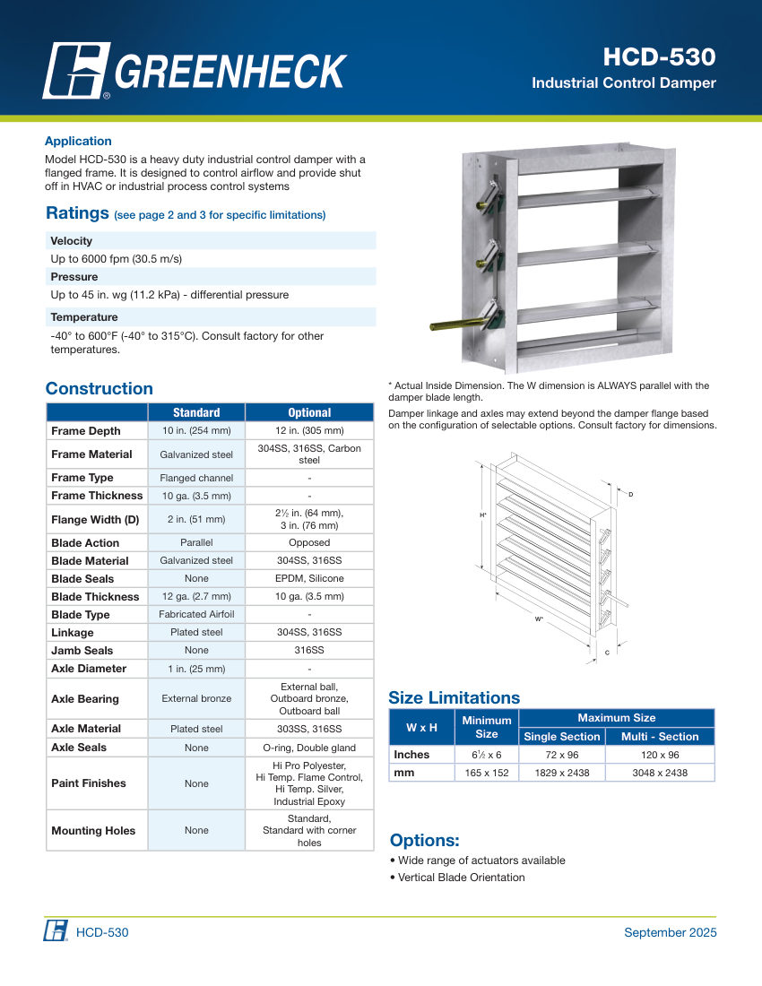 Greenheck hcd-530 cut sheet — first page