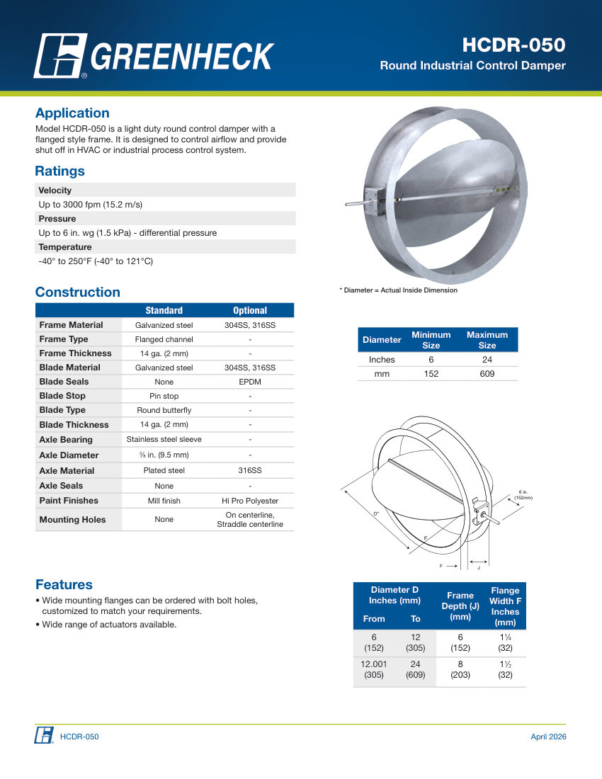 Greenheck hcdr-050 cut sheet — first page