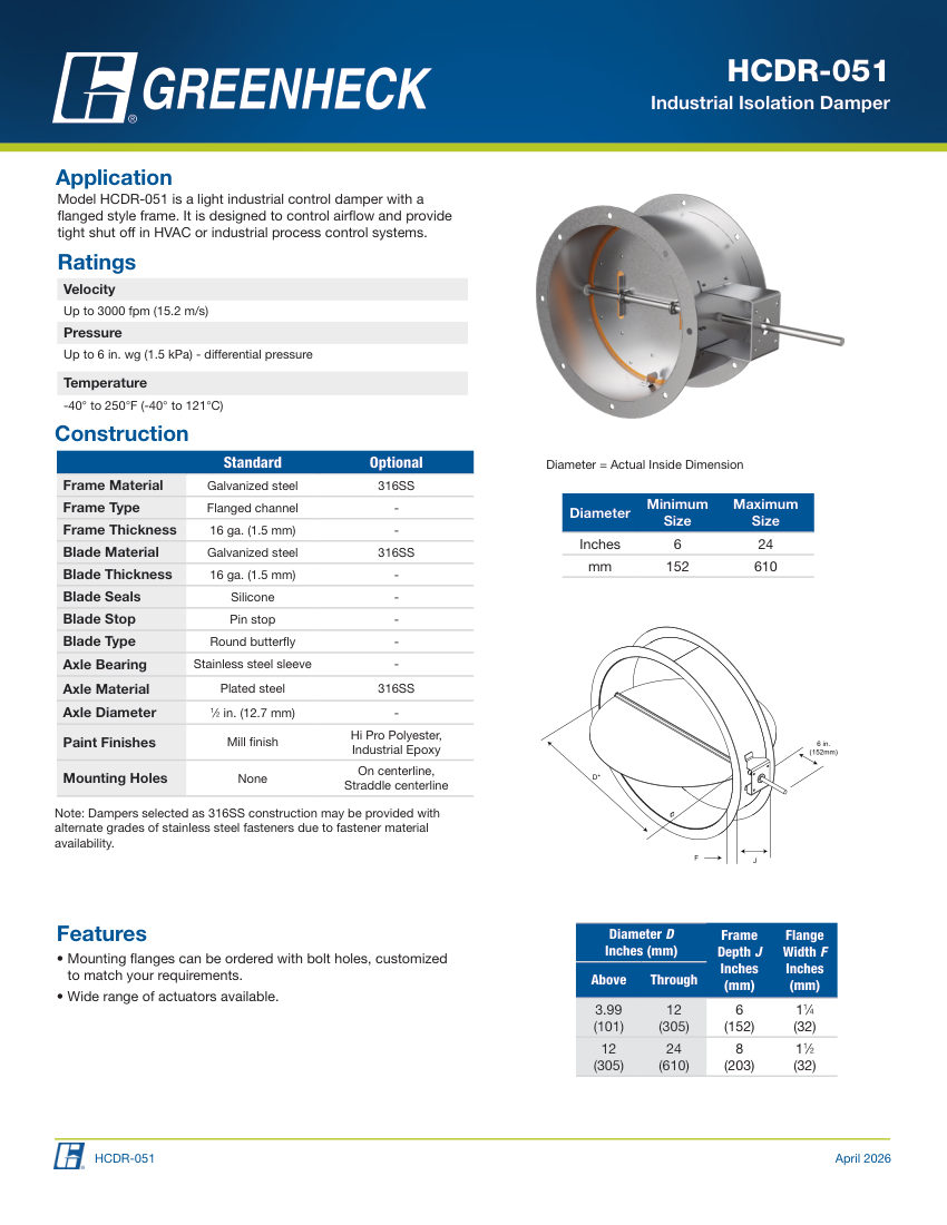 Greenheck hcdr-051 cut sheet — first page
