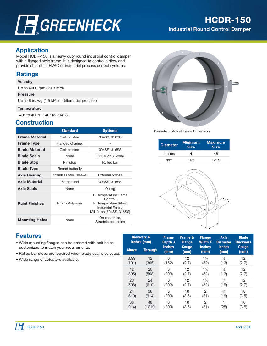 Greenheck hcdr-150 cut sheet — first page