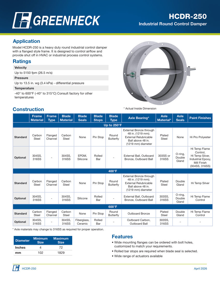 Greenheck hcdr-250 cut sheet — first page
