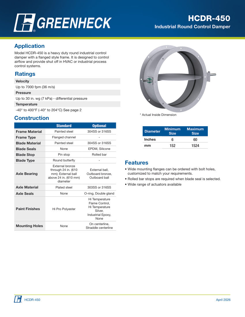 Greenheck hcdr-450 cut sheet — first page