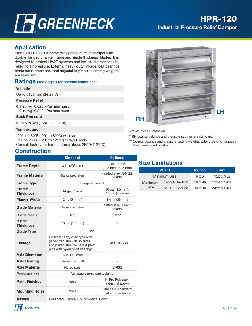Greenheck hpr-120 cut sheet — first page