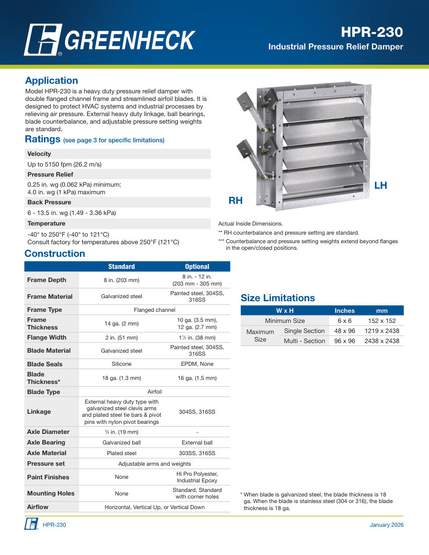 Greenheck hpr-230 cut sheet — first page