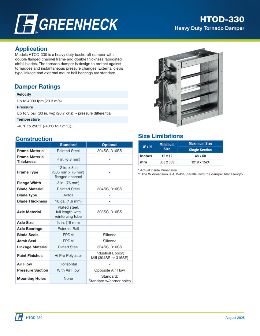 Greenheck htod-330 cut sheet — first page