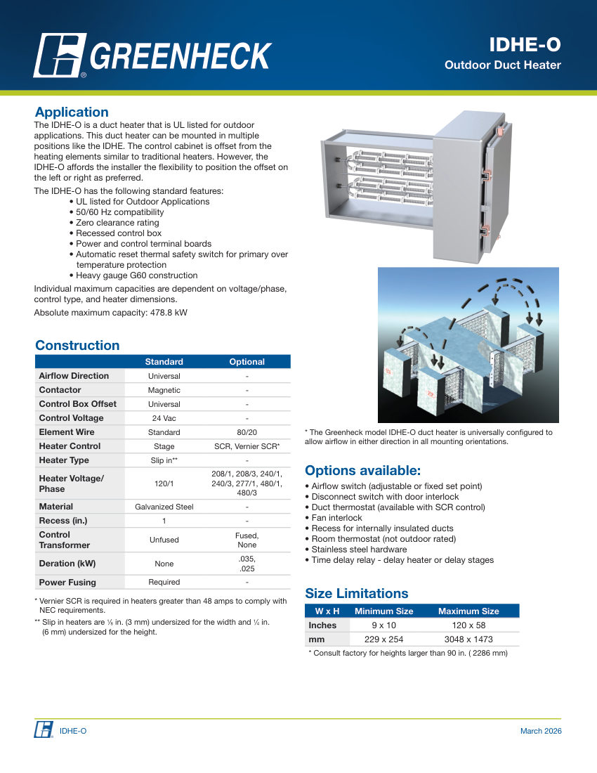 Greenheck idhe-o duct heater cut sheet — first page