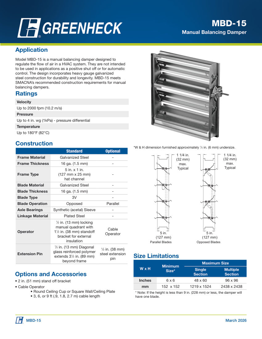 Greenheck mbd-15 cut sheet — first page