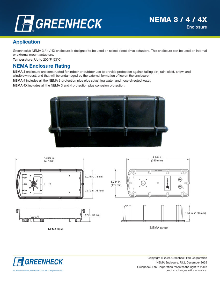 Greenheck NEMA 3/4/4X Enclosure cut sheet — first page