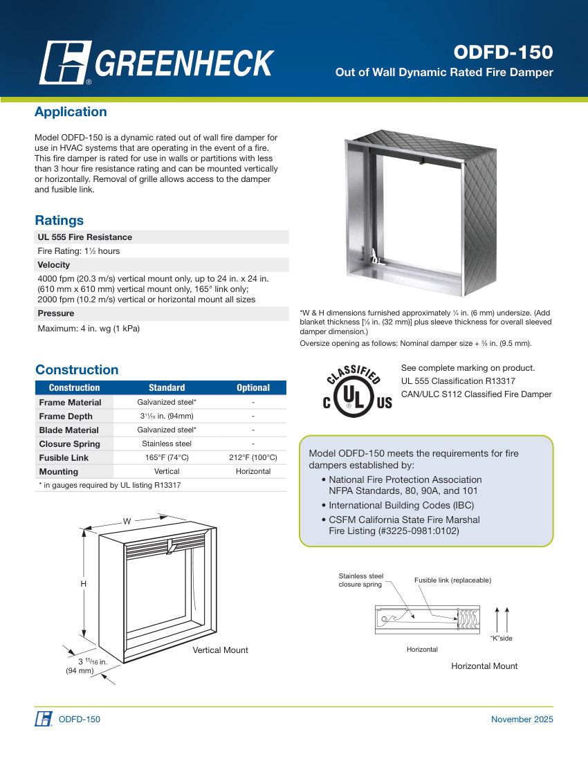 Greenheck odfd-150 cut sheet — first page