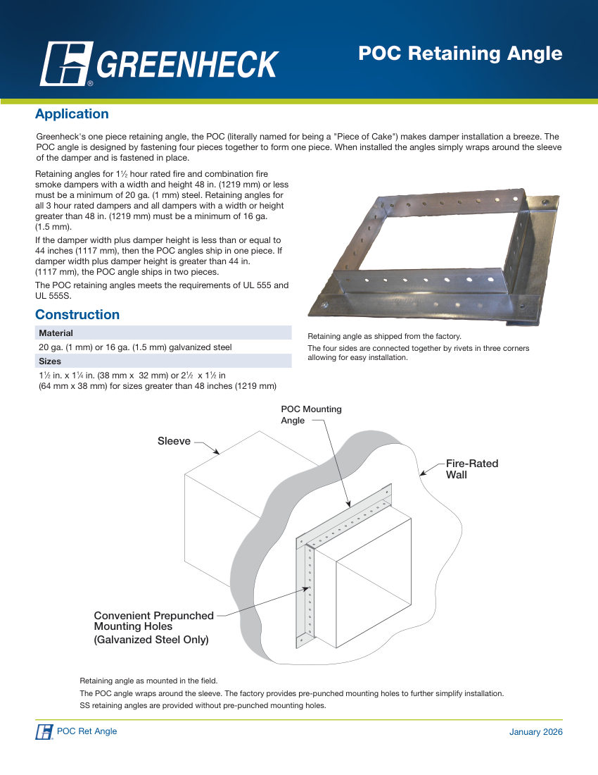 Greenheck poc retaining angle cut sheet — first page