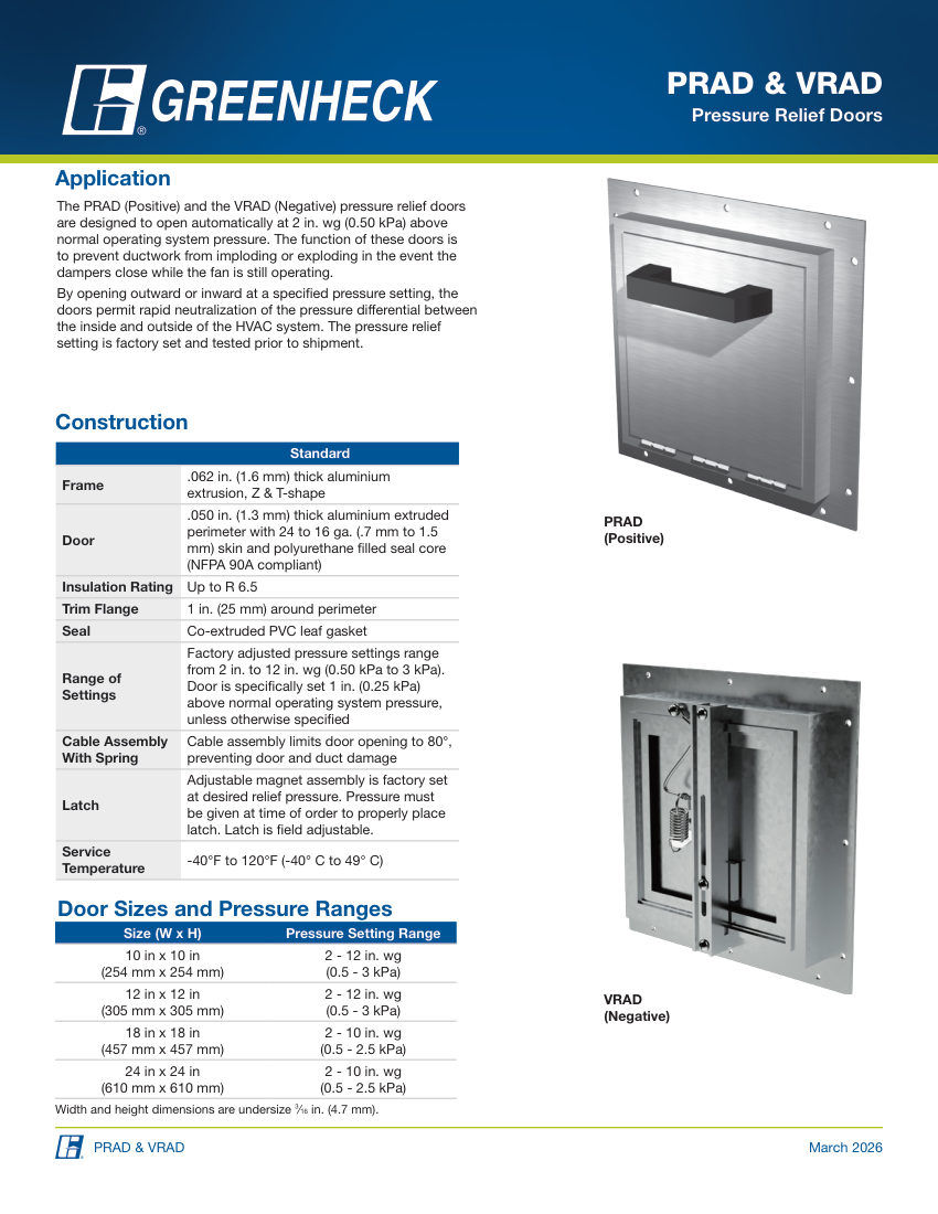 Greenheck prad & vrad pressure relief doors cut sheet — first page