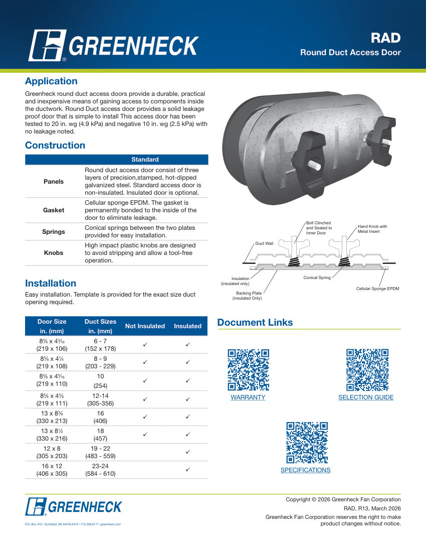 Greenheck rad round duct access door cut sheet — first page