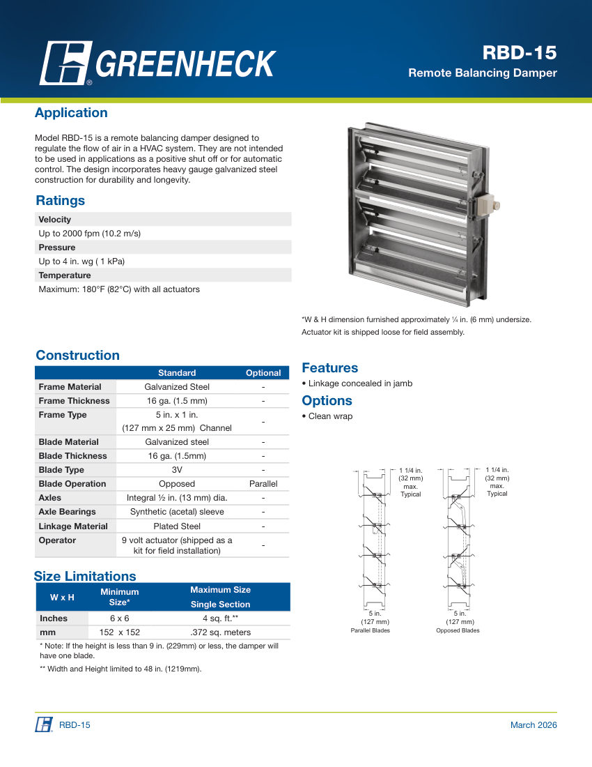 Greenheck rbd-15 cut sheet — first page