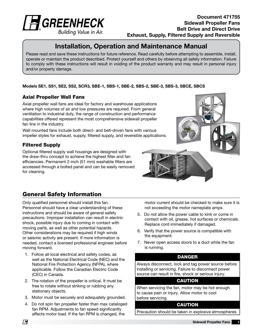 Greenheck SE1 cut sheet — first page