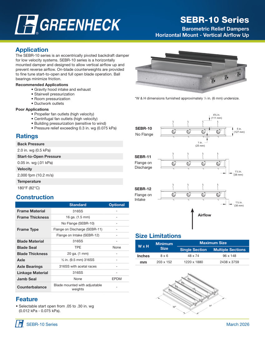Greenheck sebr-10 cut sheet — first page