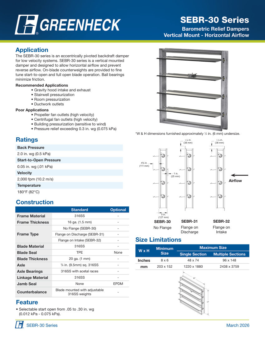 Greenheck sebr-30 cut sheet — first page