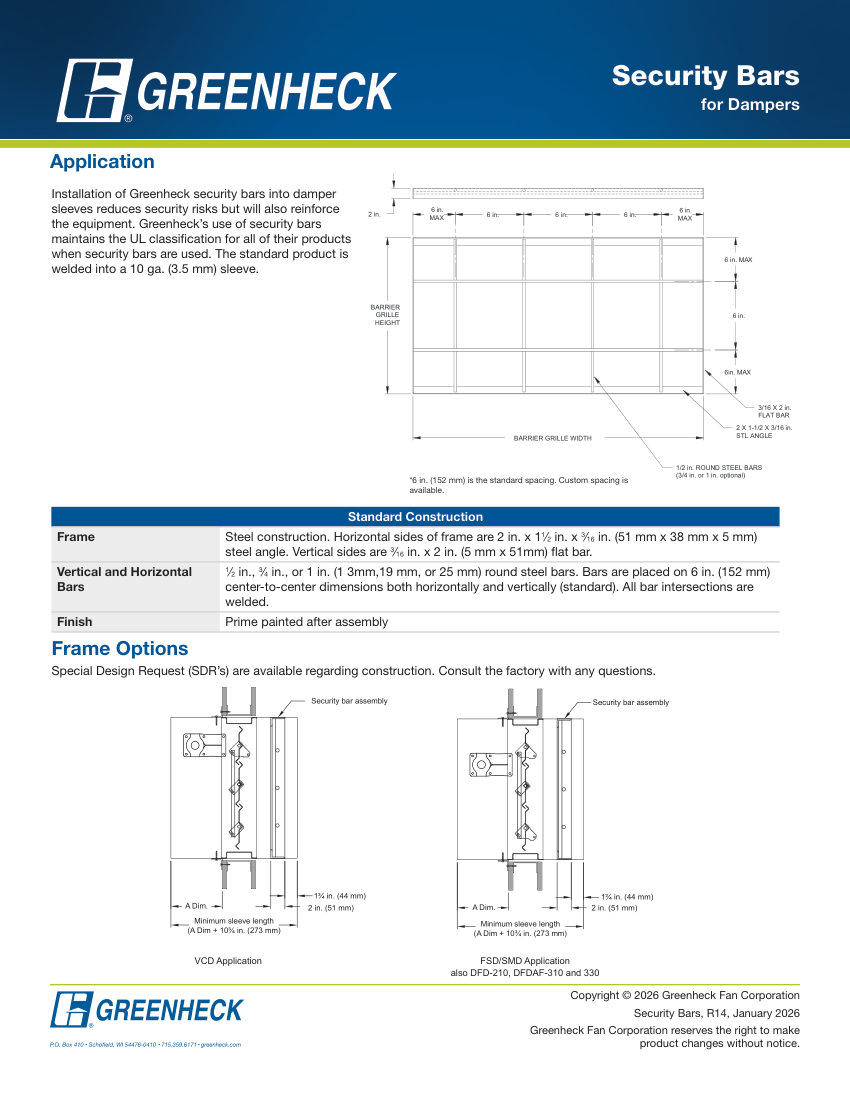 Greenheck security bars cut sheet — first page