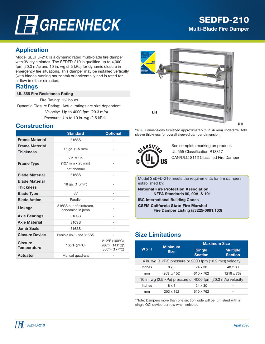 Greenheck sedfd-210 cut sheet — first page