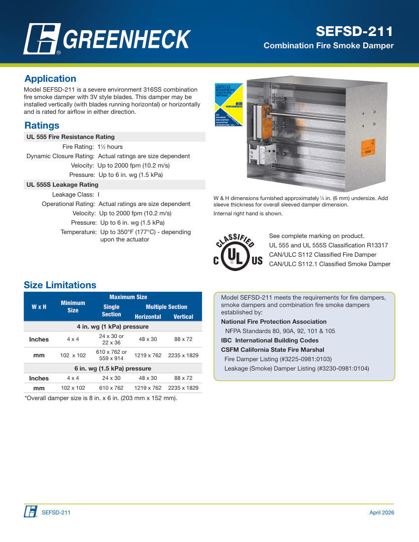 Greenheck sefsd-211 cut sheet — first page