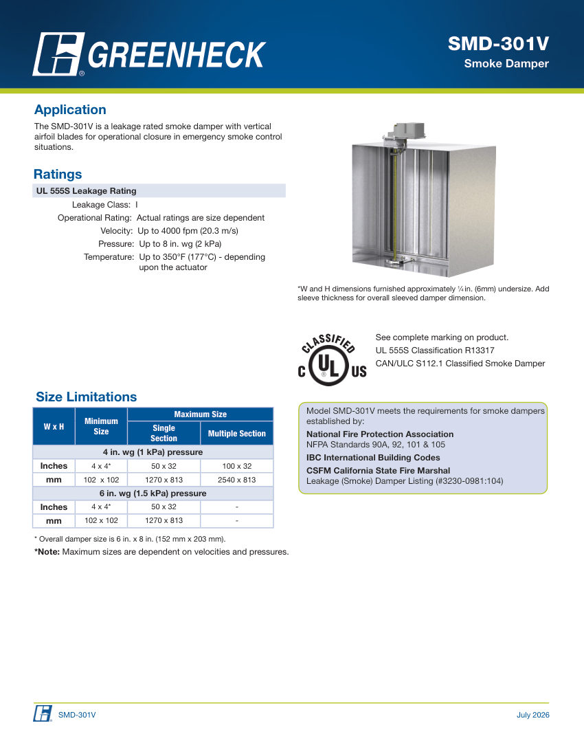 Greenheck smd-301v cut sheet — first page