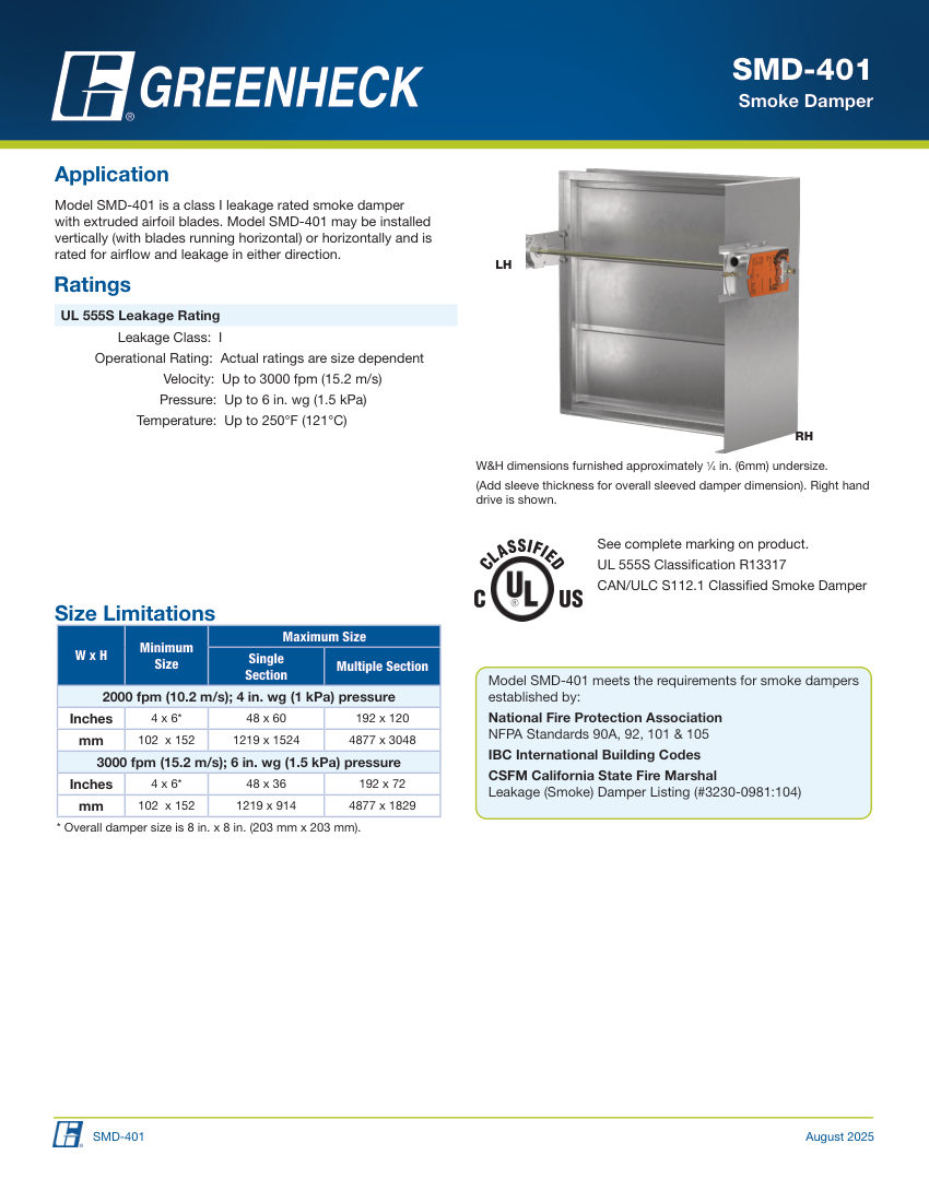 Greenheck smd-401 cut sheet — first page