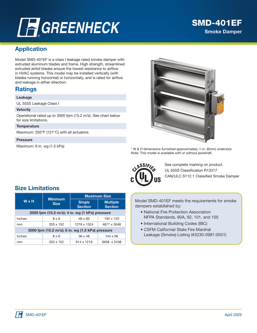 Greenheck smd-401ef cut sheet — first page