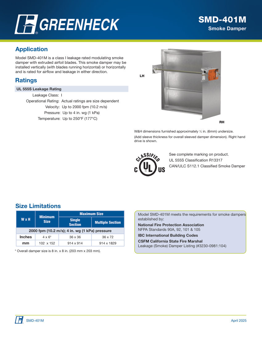 Greenheck smd-401m cut sheet — first page
