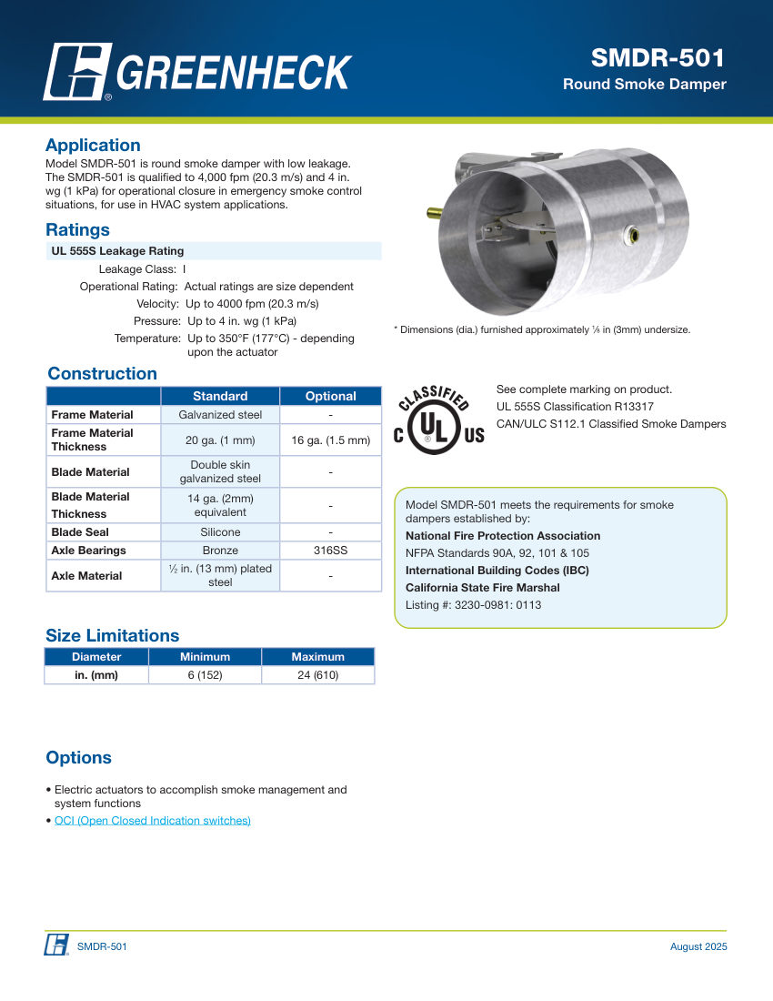 Greenheck smdr-501 cut sheet — first page