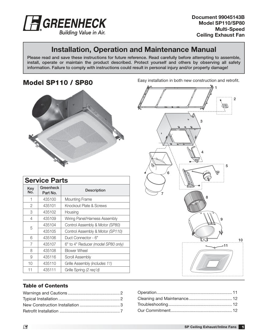 Greenheck SP-110-VG cut sheet — first page