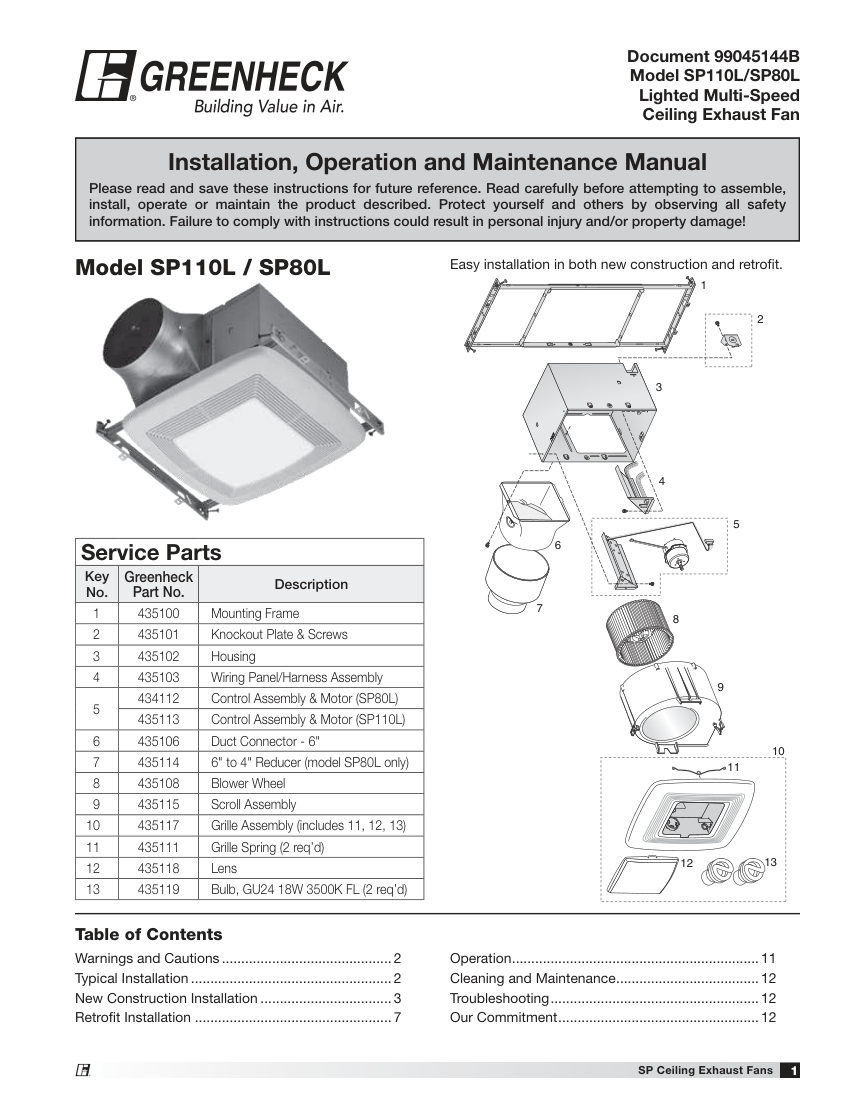 Greenheck SP-110L-VG cut sheet — first page