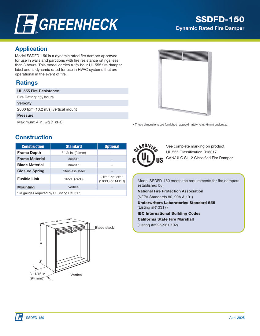Greenheck ssdfd-150 cut sheet — first page