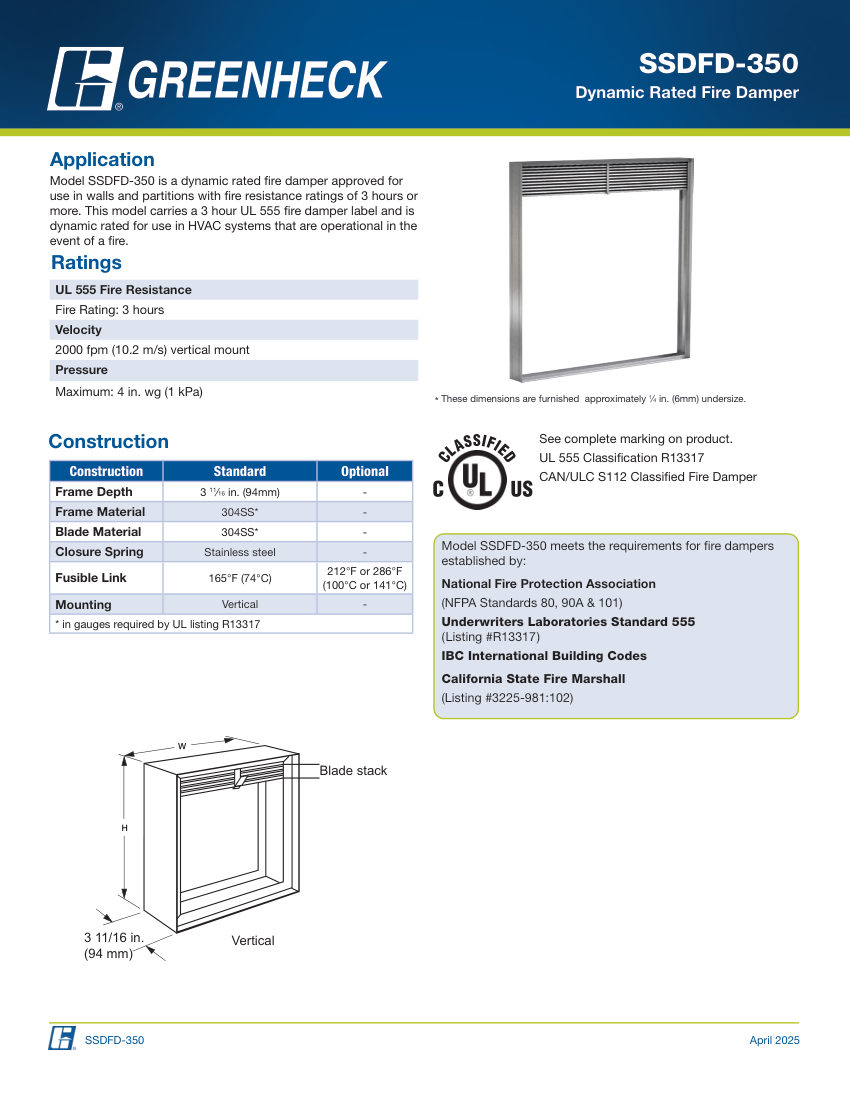 Greenheck ssdfd-350 cut sheet — first page