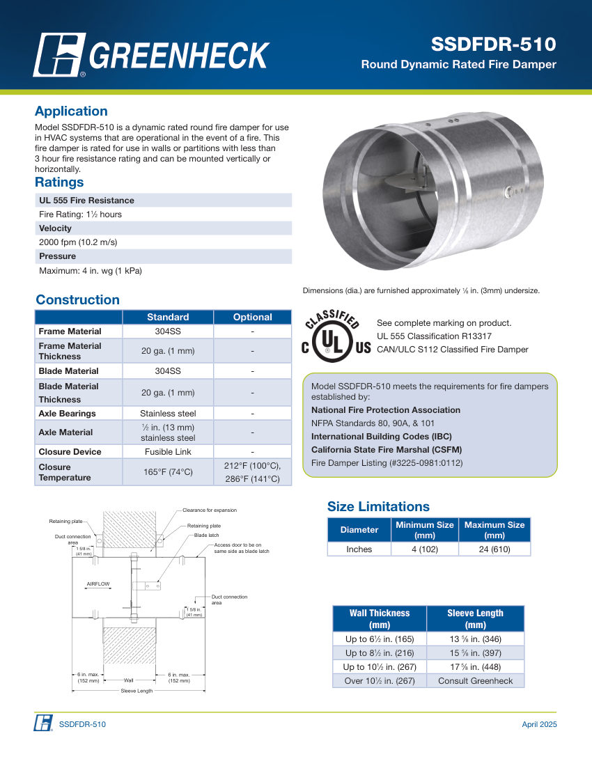 Greenheck SSDFDR-510 cut sheet — first page