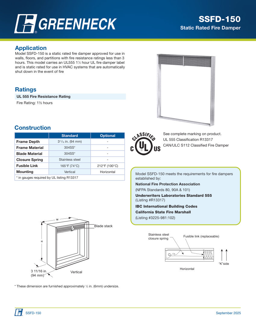 Greenheck ssfd-150 cut sheet — first page