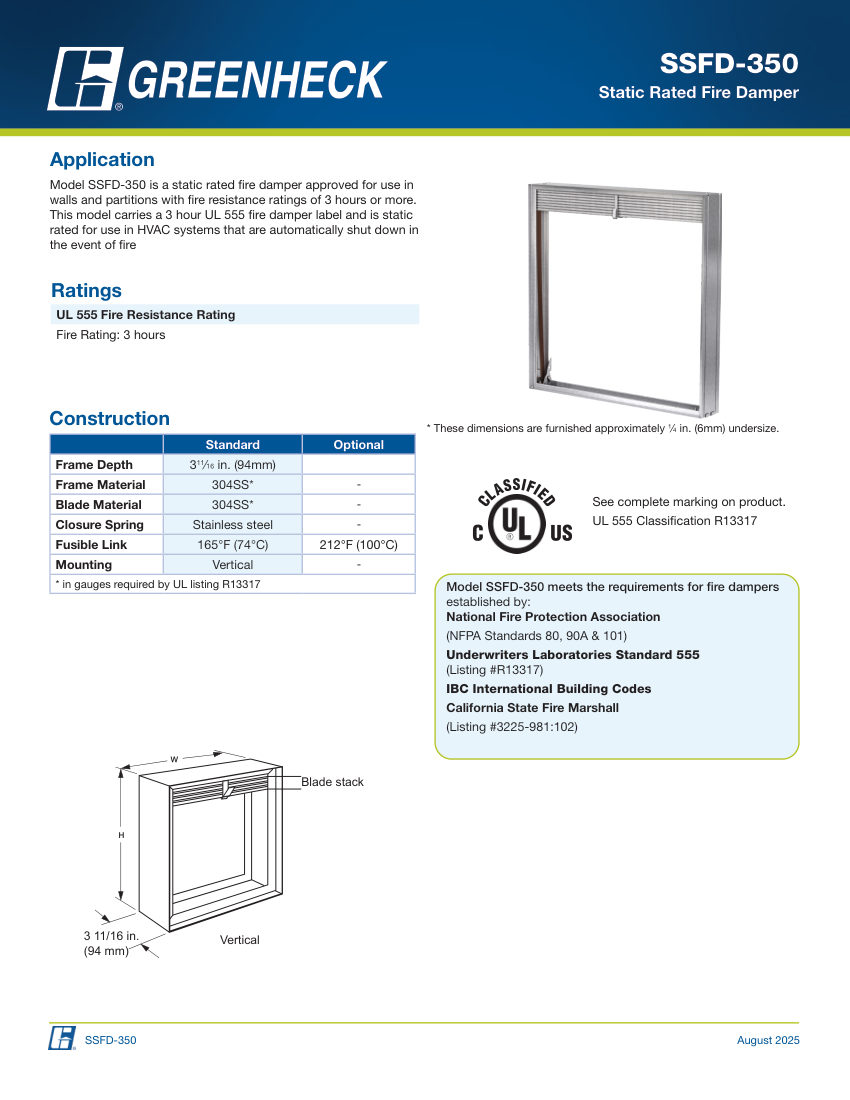 Greenheck ssfd-350 cut sheet — first page