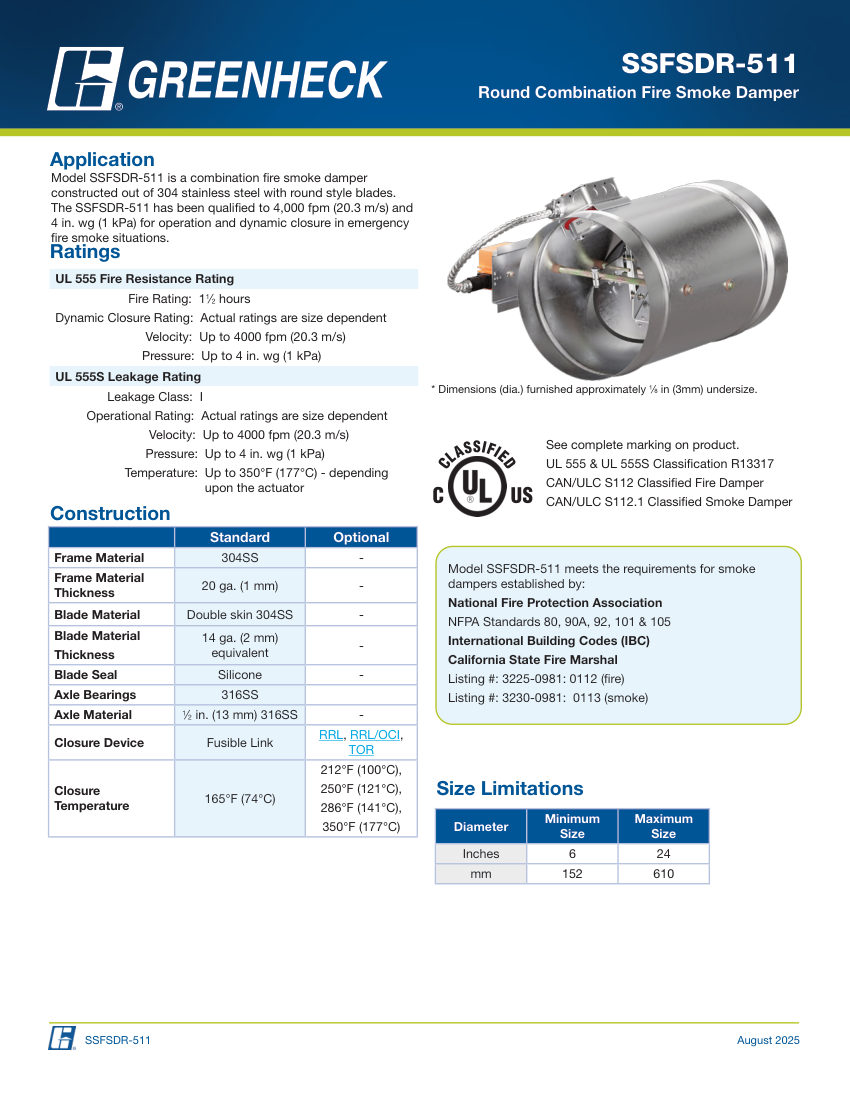 Greenheck SSFSDR-511 cut sheet — first page