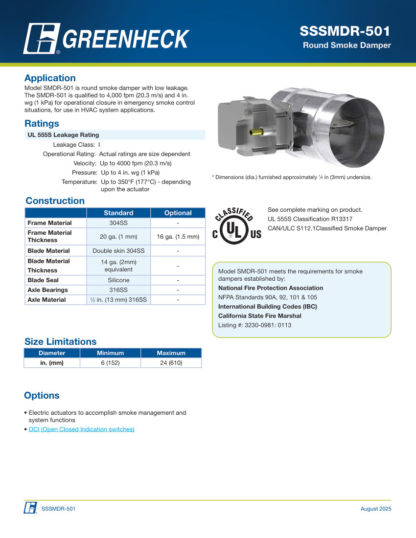 Greenheck SSSMDR-501 cut sheet — first page