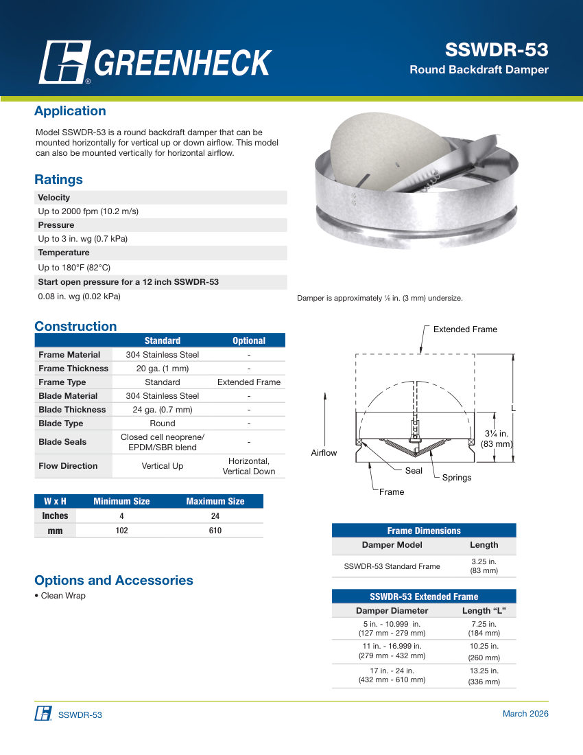 Greenheck sswdr-53 cut sheet — first page