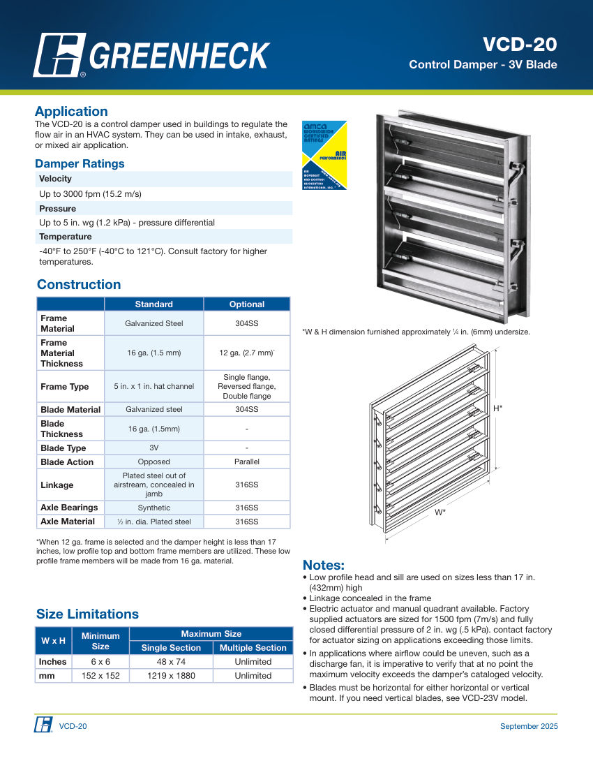 Greenheck vcd-20 cut sheet — first page