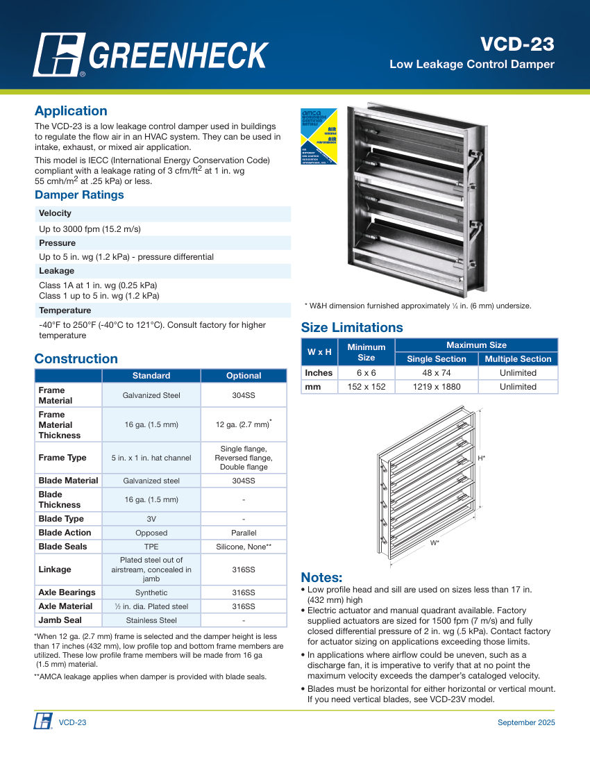 Greenheck vcd-23 cut sheet — first page