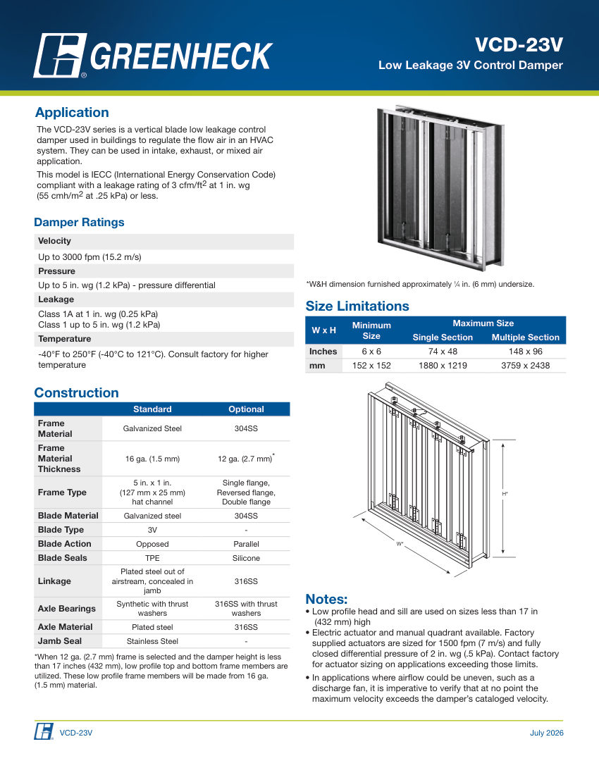 Greenheck vcd-23v cut sheet — first page