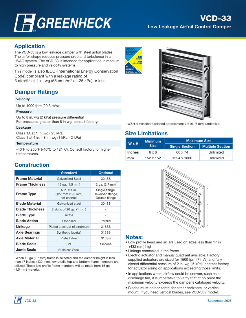 Greenheck vcd-33 cut sheet — first page