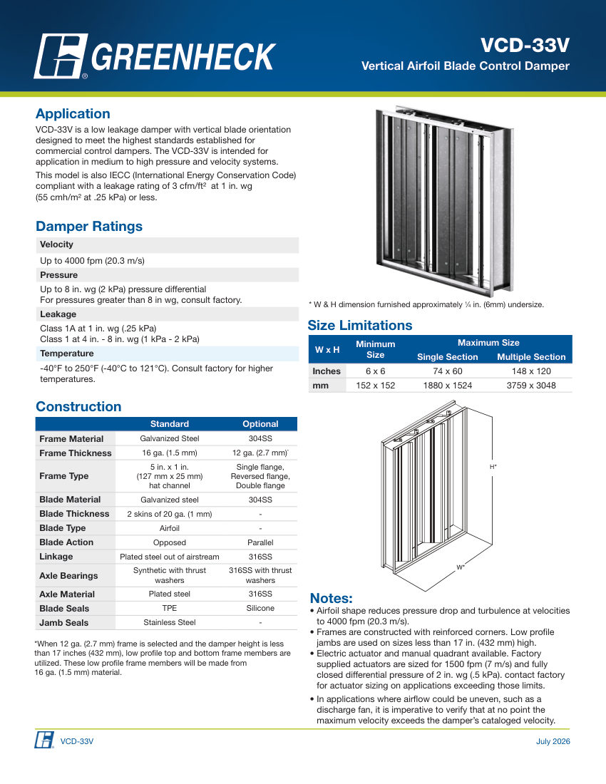 Greenheck vcd-33v cut sheet — first page