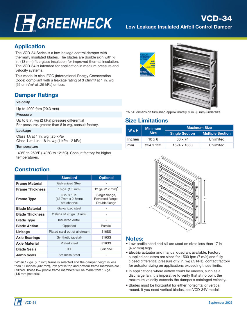 Greenheck vcd-34 cut sheet — first page