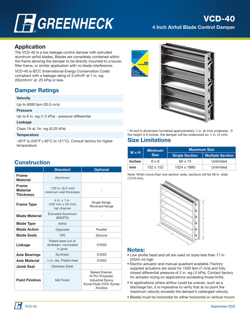 Greenheck vcd-40 cut sheet — first page