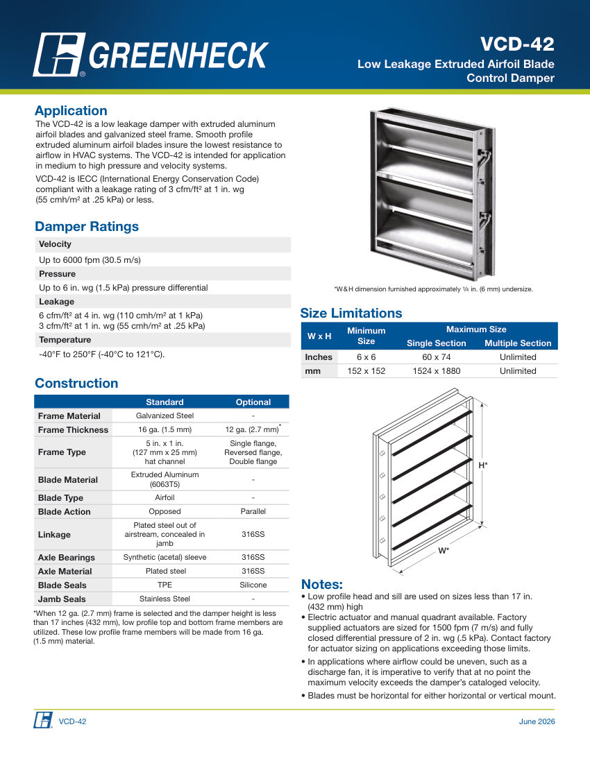 Greenheck vcd-42 cut sheet — first page