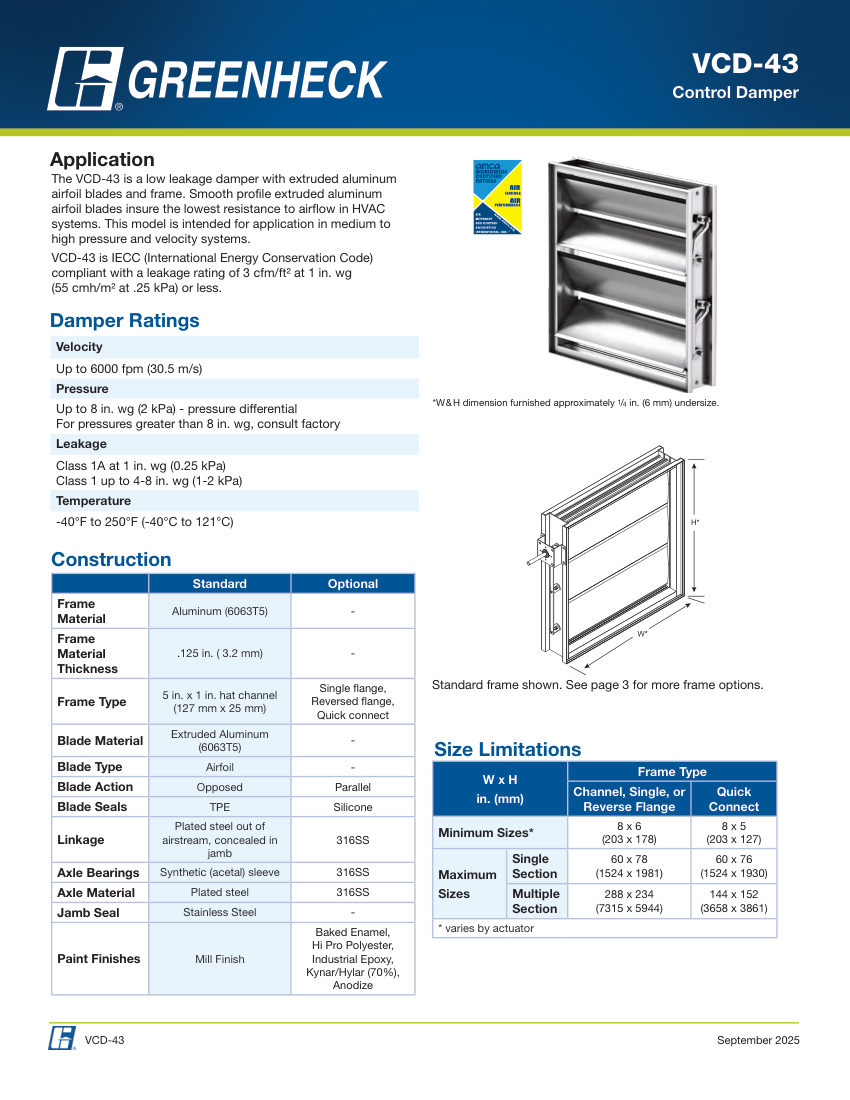 Greenheck vcd-43 cut sheet — first page