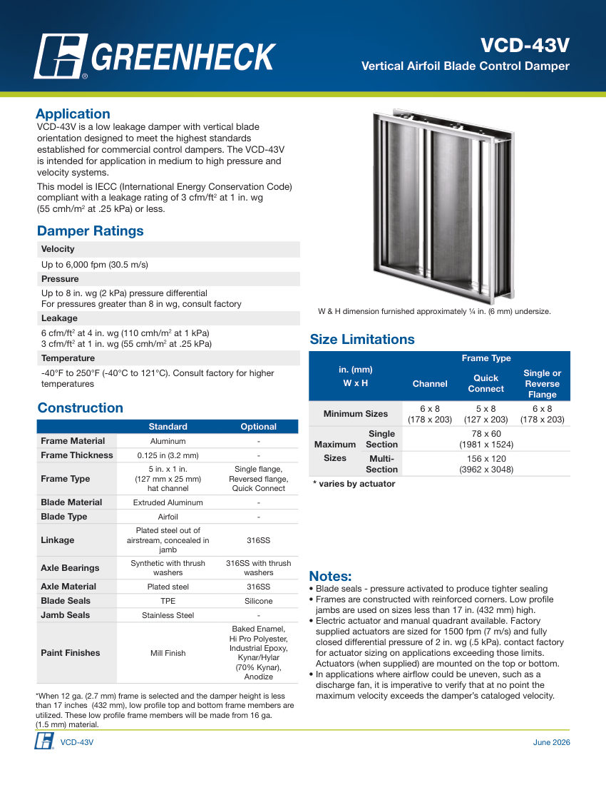 Greenheck vcd-43v cut sheet — first page